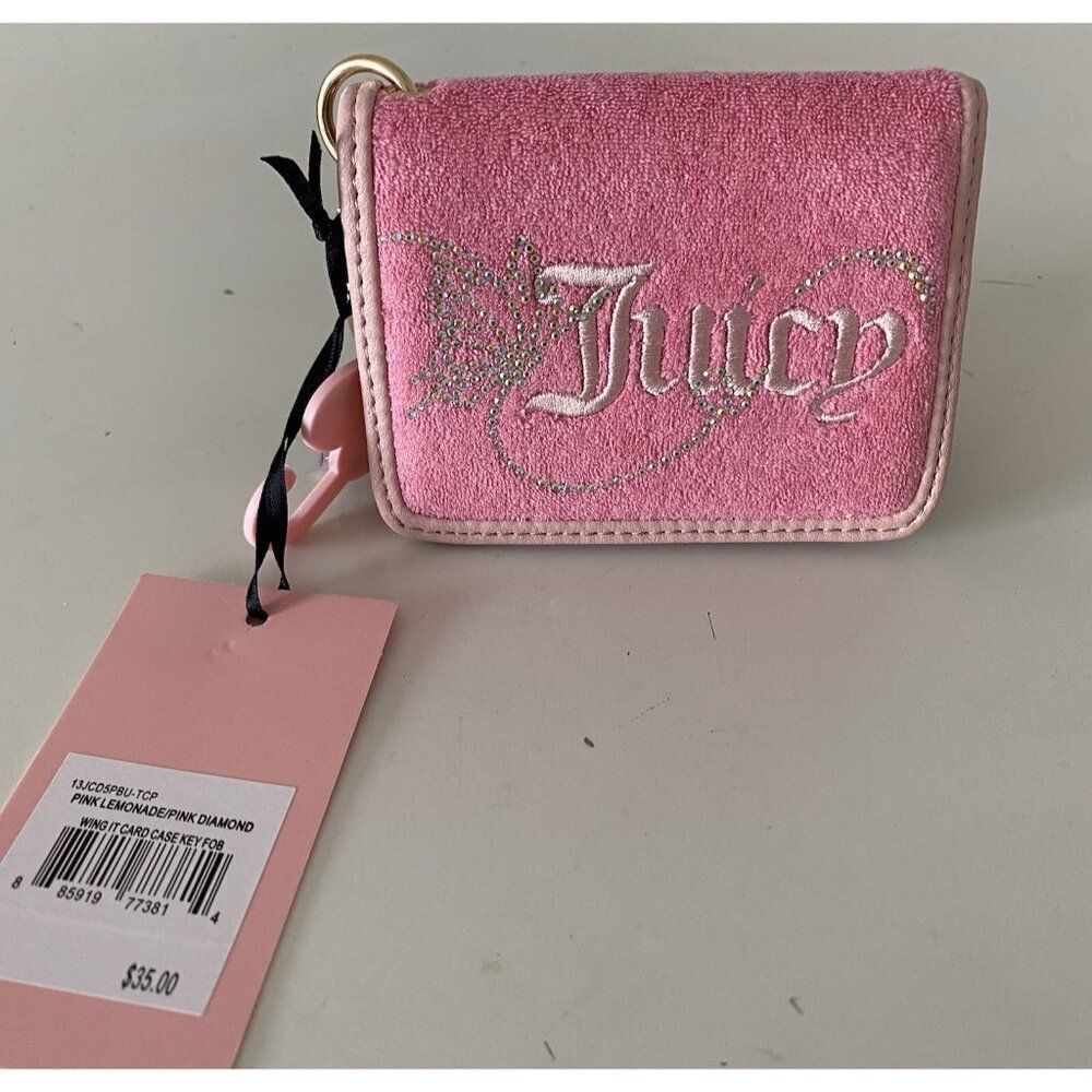 Juicy Couture Wing It Card Case Key Fob Wallet Pink Lemonade Butterfly Bling NEW